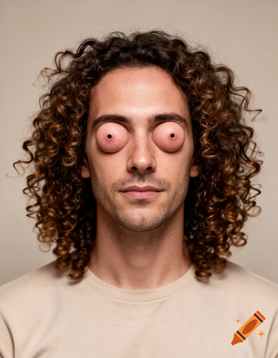 A man with curly brown hair and nipples for eyes stares directly forward in a photorealistic portrait.