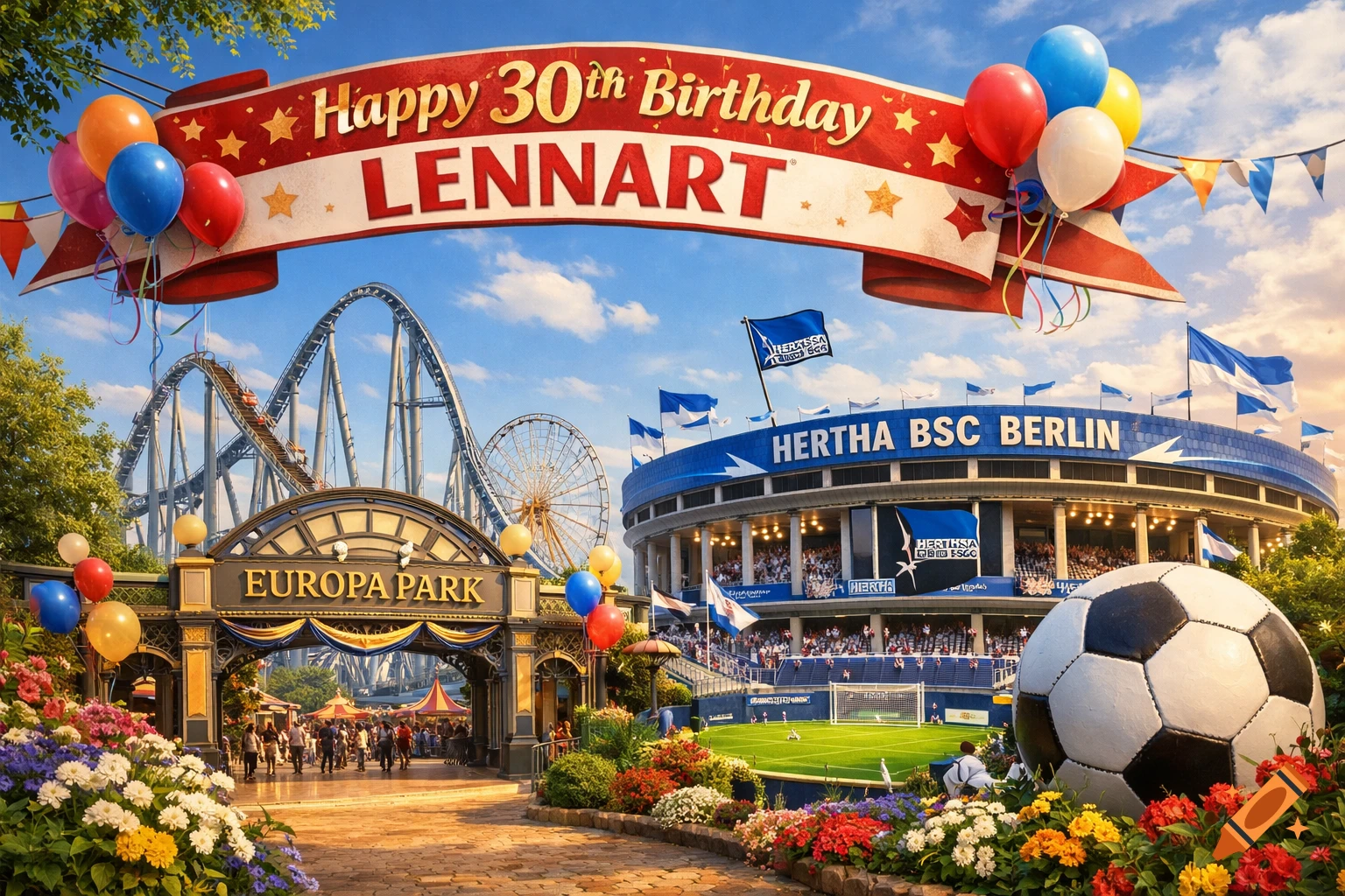 A vibrant image of Europa Park and Hertha BSC Berlin stadium, with a 'Happy 30th Birthday Lennart' banner, balloons, a rollercoaster, and a giant soccer ball.