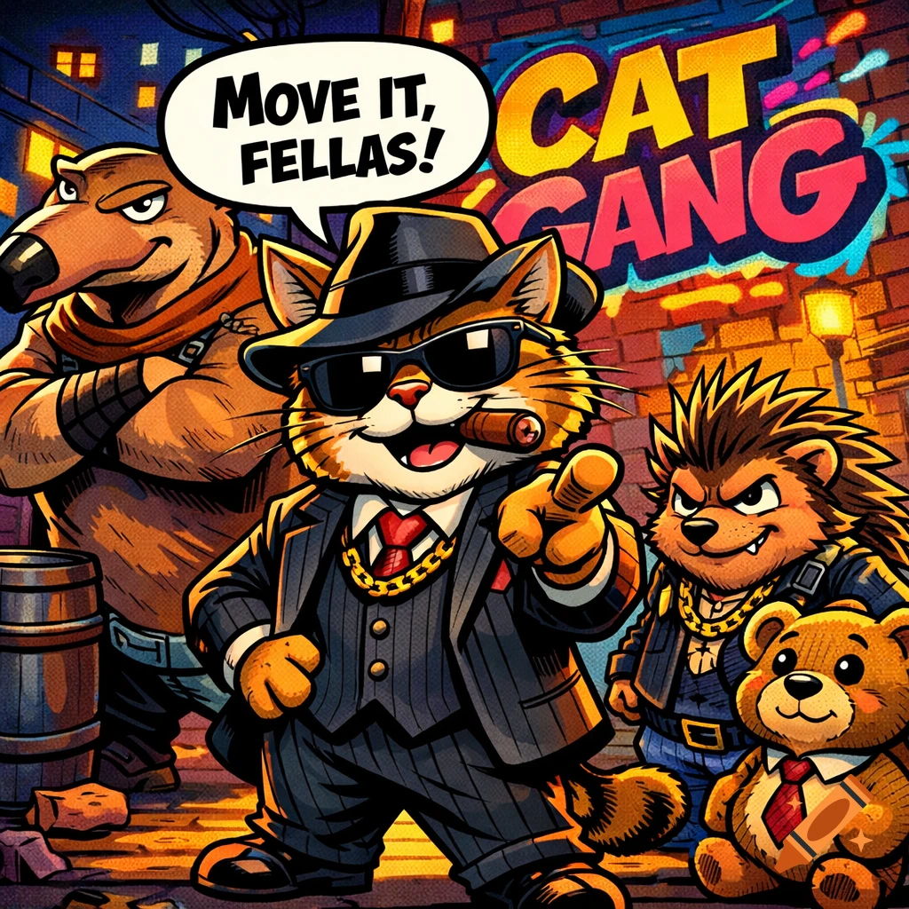 Vibrant comic art of a gangster cat boss with a cigar and fedora, pointing, with his anteater, hedgehog, and teddy bear gang in a dark alley with 'CAT GANG' graffiti.