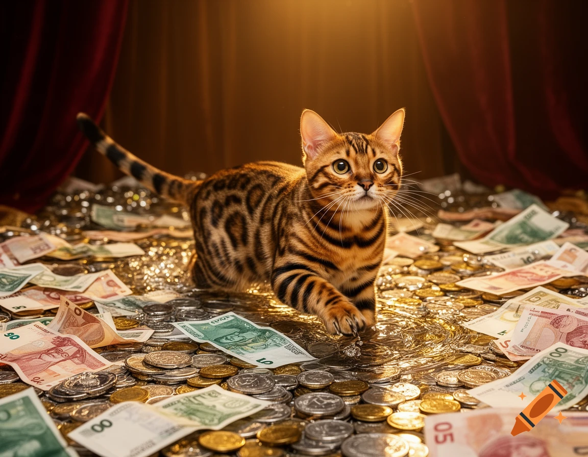 A photorealistic Bengal cat walks through a vast pile of gold coins and banknotes under dramatic lighting.