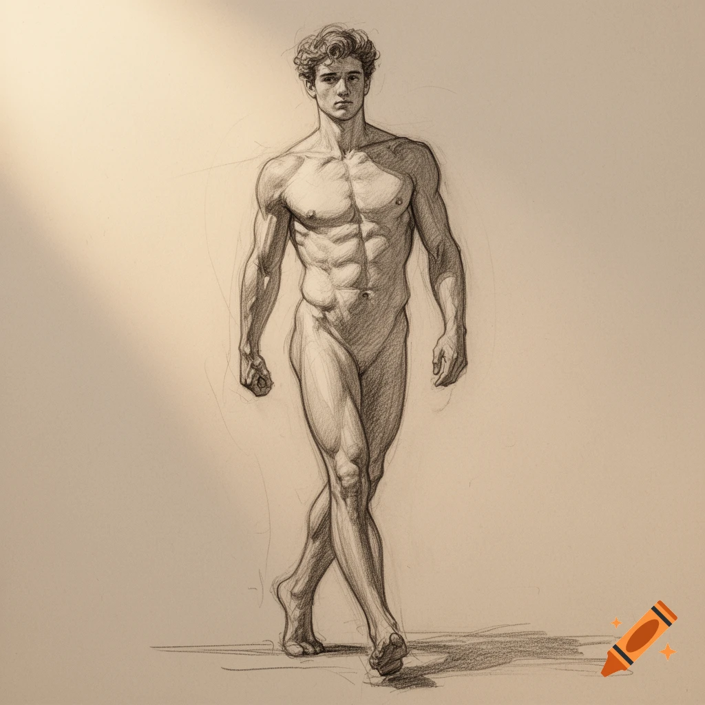 Pencil sketch of a muscular, nude young man walking forward against a light background.