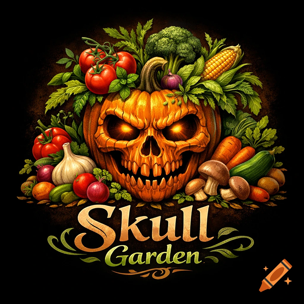 A logo featuring an evil pumpkin skull with glowing eyes, surrounded by colorful vegetables like tomatoes, broccoli, corn, and mushrooms, with 'Skull Garden' text below.