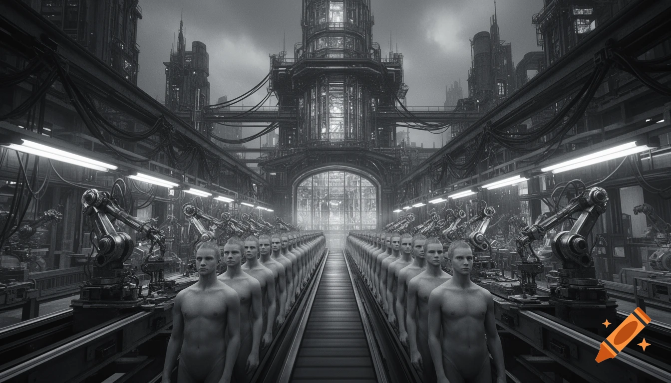 Photorealistic black and white image of a dystopian factory producing identical, expressionless male clones on a conveyor belt.