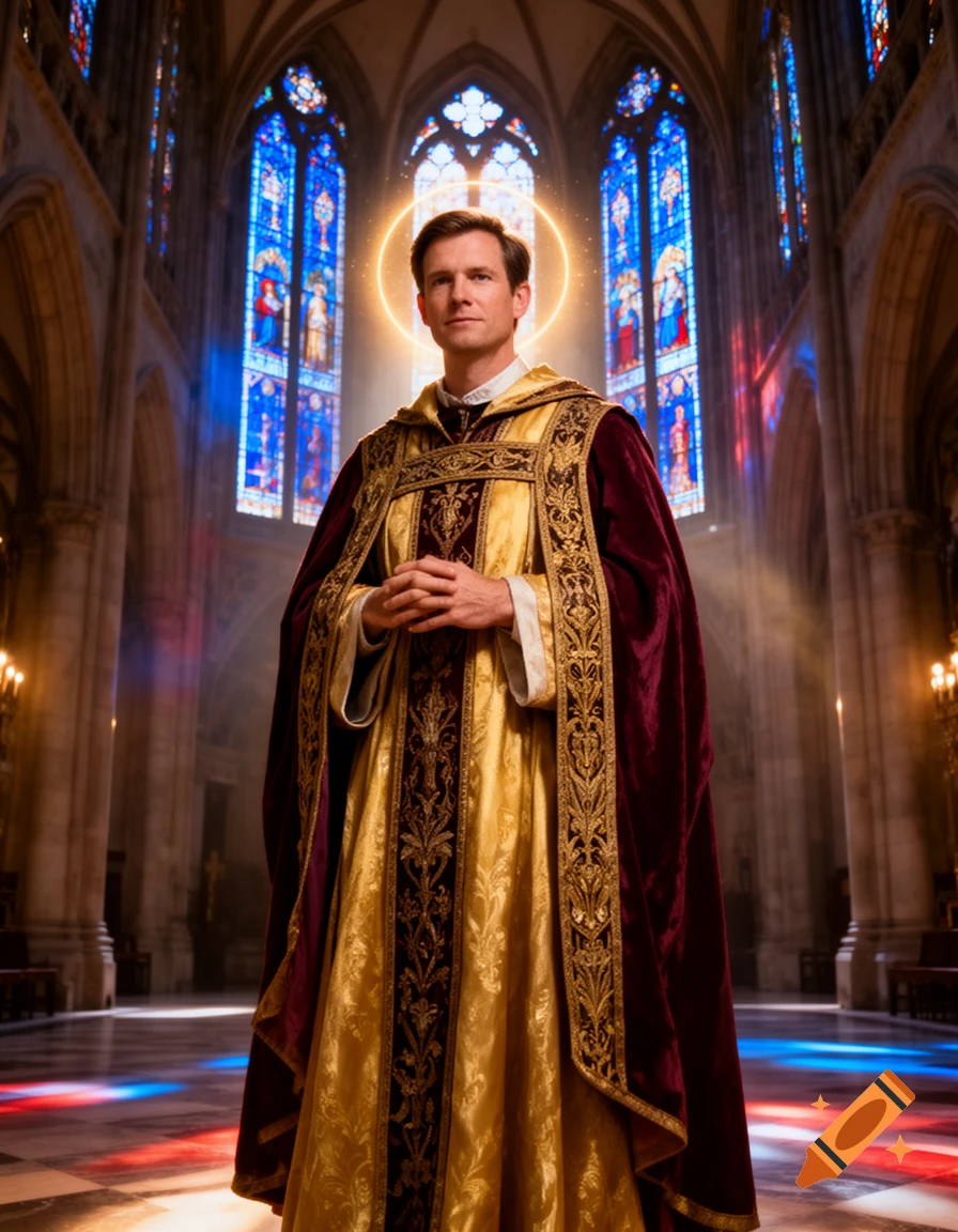 Photorealistic portrait of a man in ornate gold and maroon robes, with a glowing halo, standing in a grand church with stained glass windows.