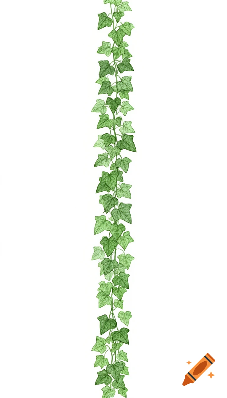 A vertical line of green ivy leaves, drawn on a white background.