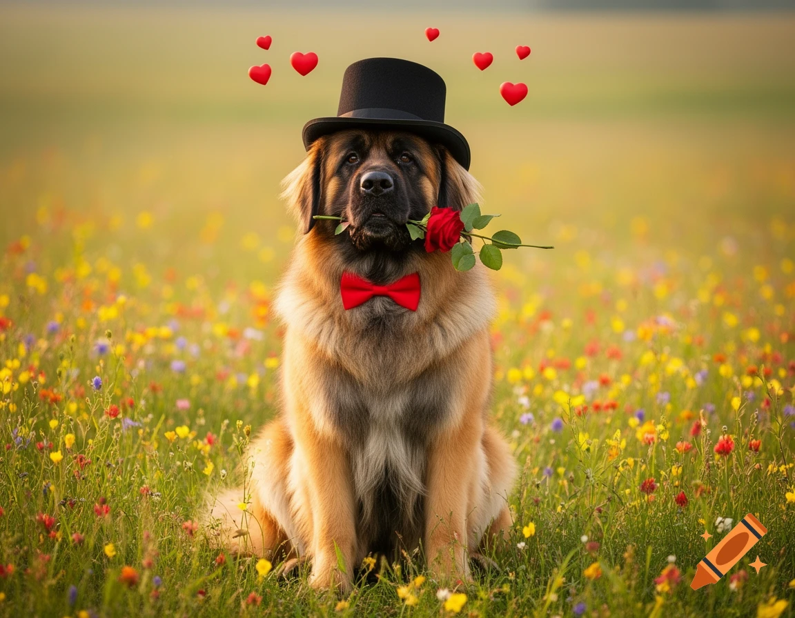 A Leonberger dog in a top hat and red bow tie holds a red rose in its mouth, with hearts floating above its head, in a field of wildflowers.