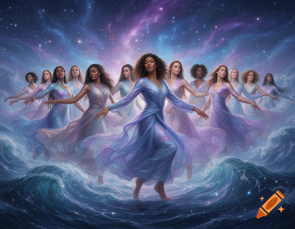 Several women in flowing, glittery blue and purple dresses dance on ethereal waves under a starry, nebulous sky.