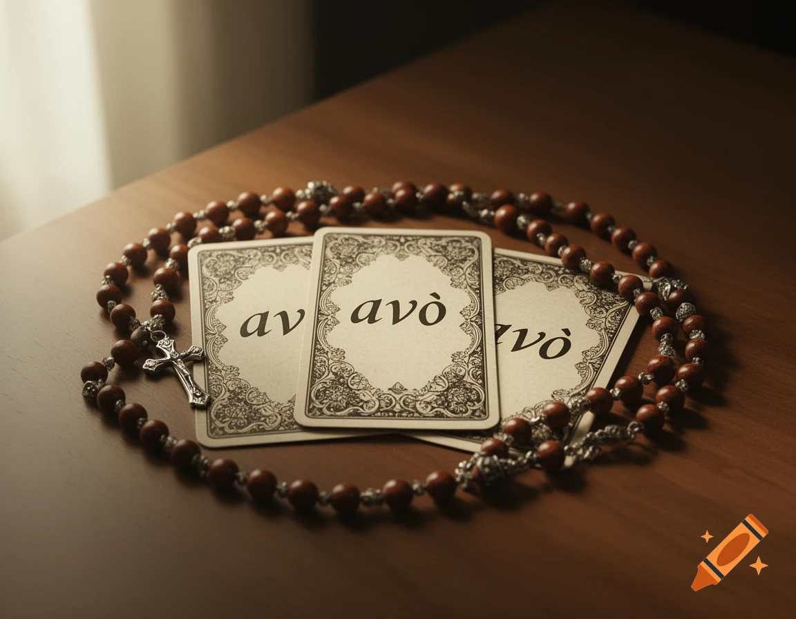 Three playing cards marked 'avò' surrounded by a wooden rosary with a silver crucifix, resting on a wooden table in dim light.