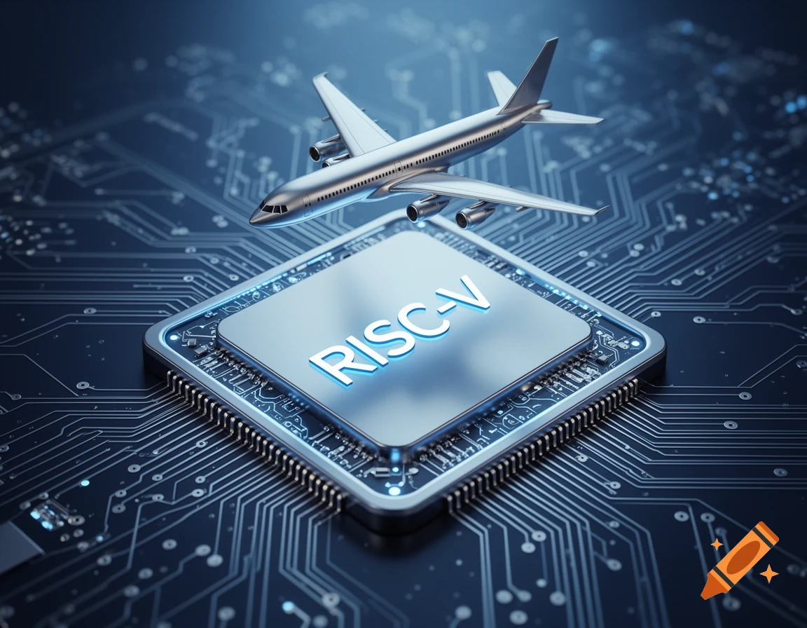 A silver airplane flies over a shining computer chip labeled 'RISC-V' on a blue circuit board background.