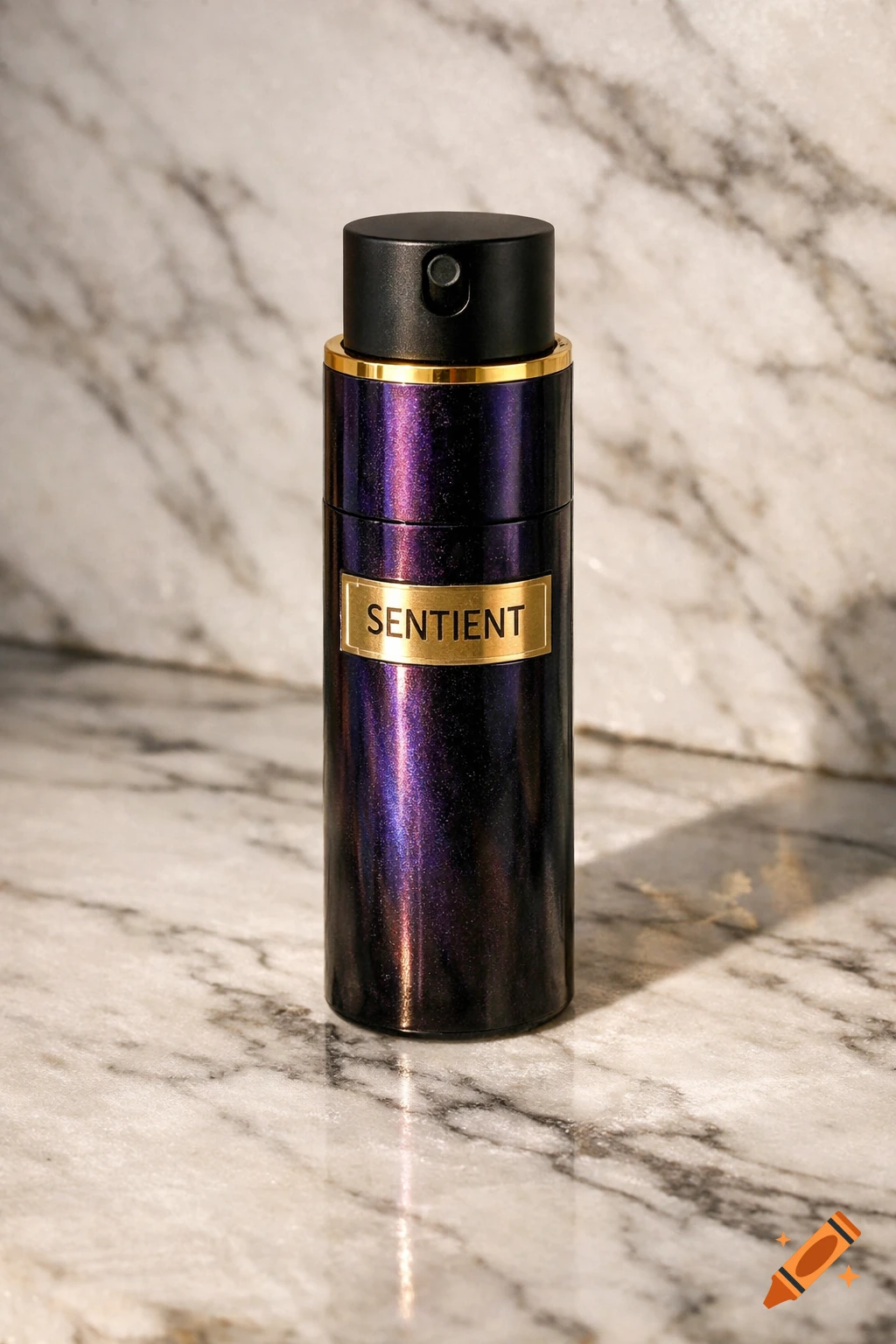 An iridescent purple-black cylindrical perfume bottle with a gold 'SENTIENT' label, standing on a white marble surface.