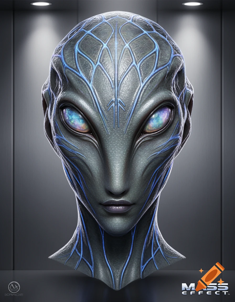 A detailed grey alien humanoid head with glowing blue lines, iridescent eyes, and smooth skin, in a sci-fi concept art style.
