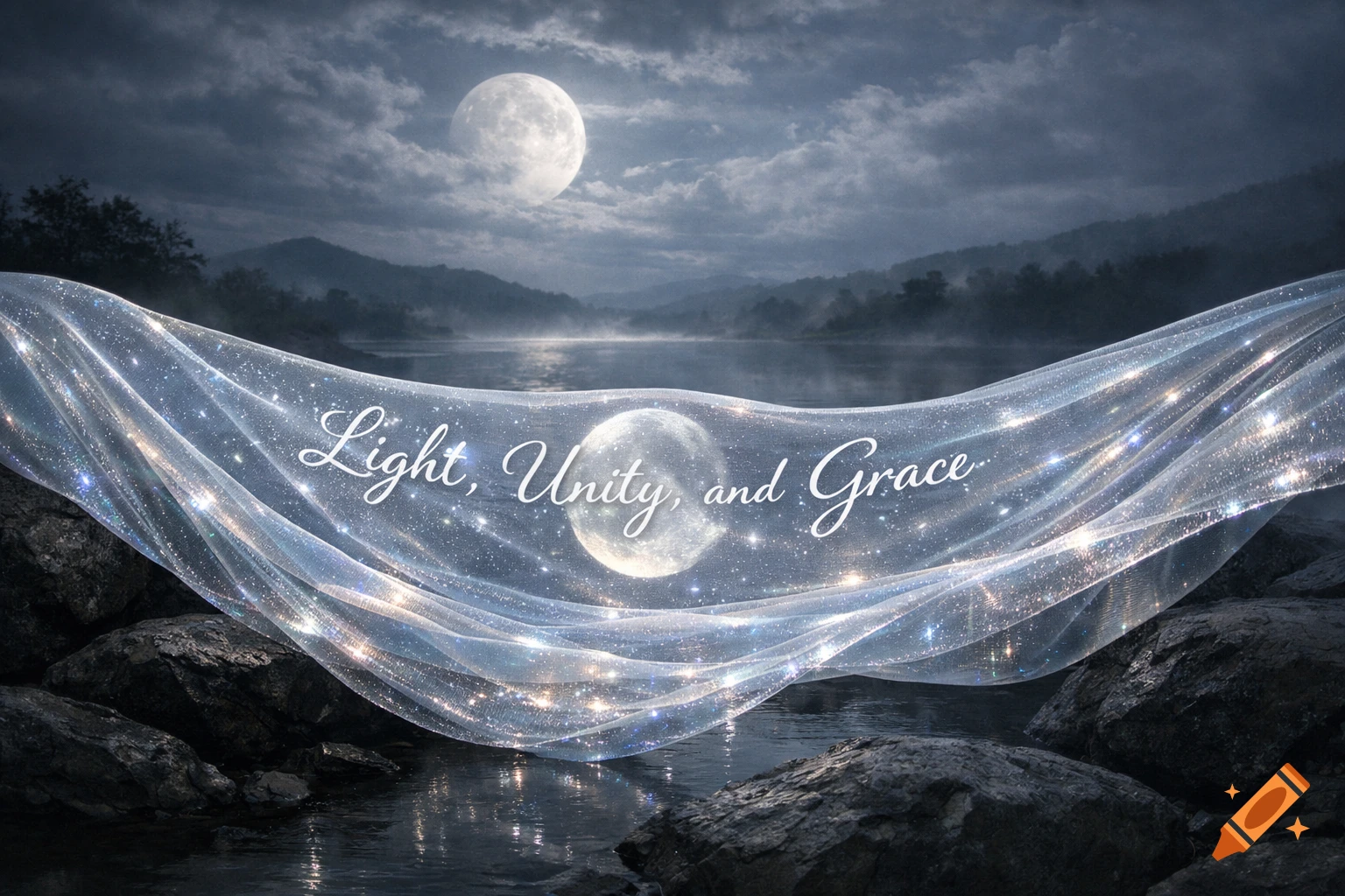 A mystical full moonlit night scene over a lake with mountains. A shimmering, star-dusted fabric with 'Light, Unity, and Grace' in cursive floats across.