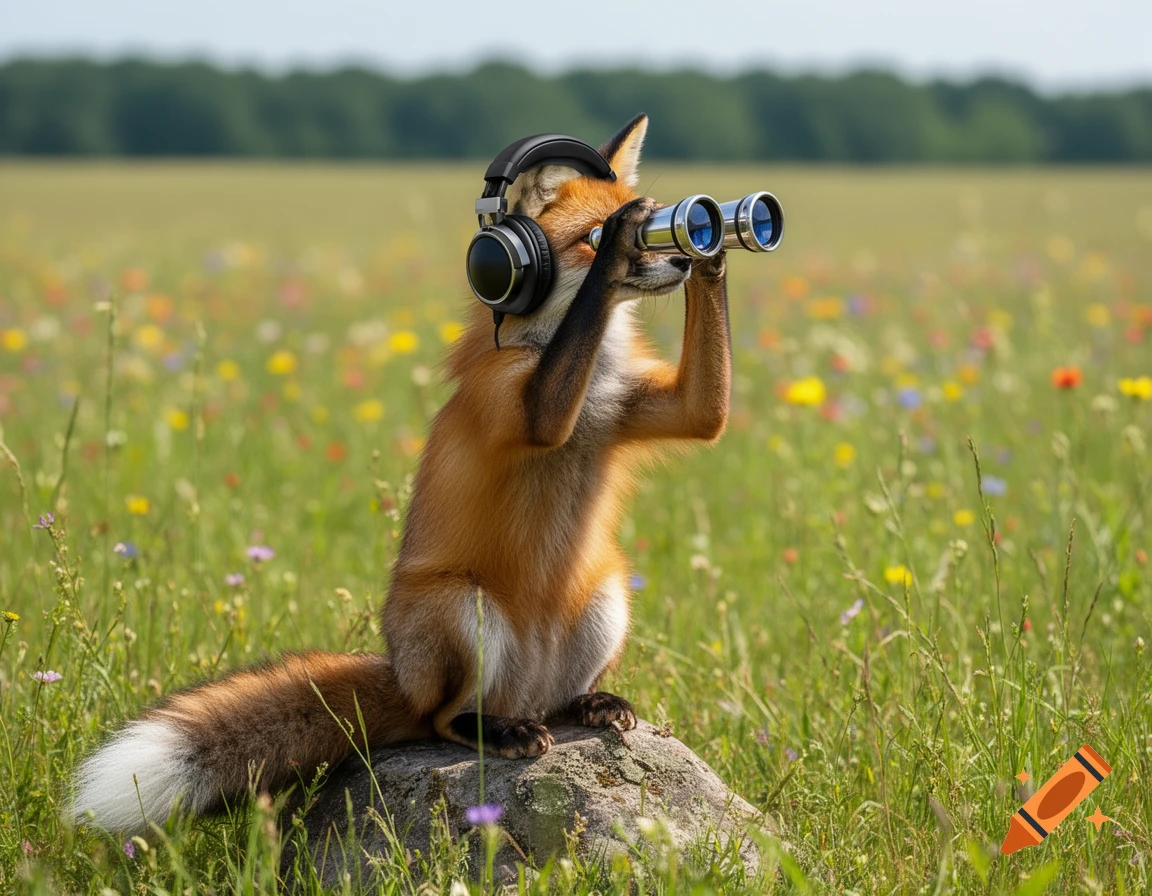 A photorealistic fox with black headphones on its head, sitting on a rock in a wildflower field, looking through binoculars.