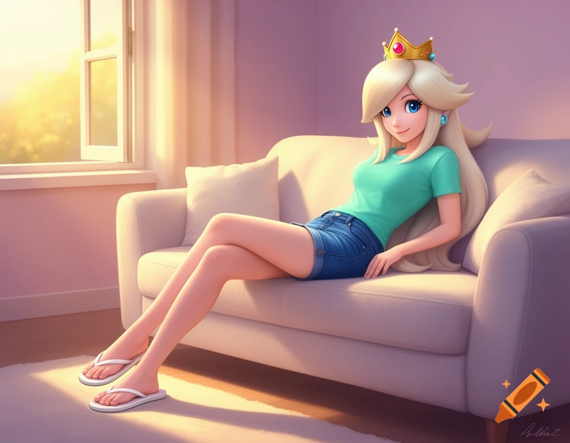 Princess Rosalina with platinum blond hair, wearing a turquoise T-shirt, blue jean shorts, and white flip-flops, lying on a couch in an anime style.