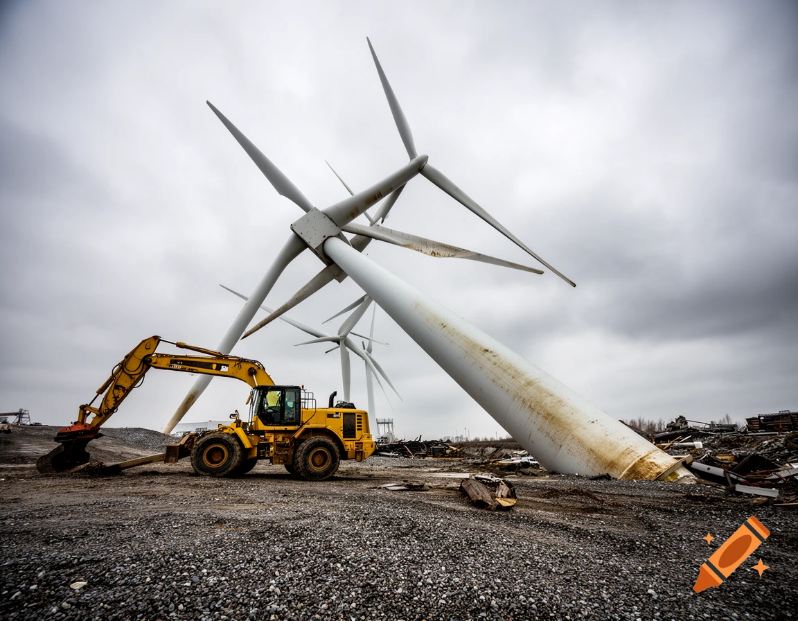 A yellow excavator sits next to a large white wind turbine lying on its side, surrounded by gravel and debris under an overcast sky.
