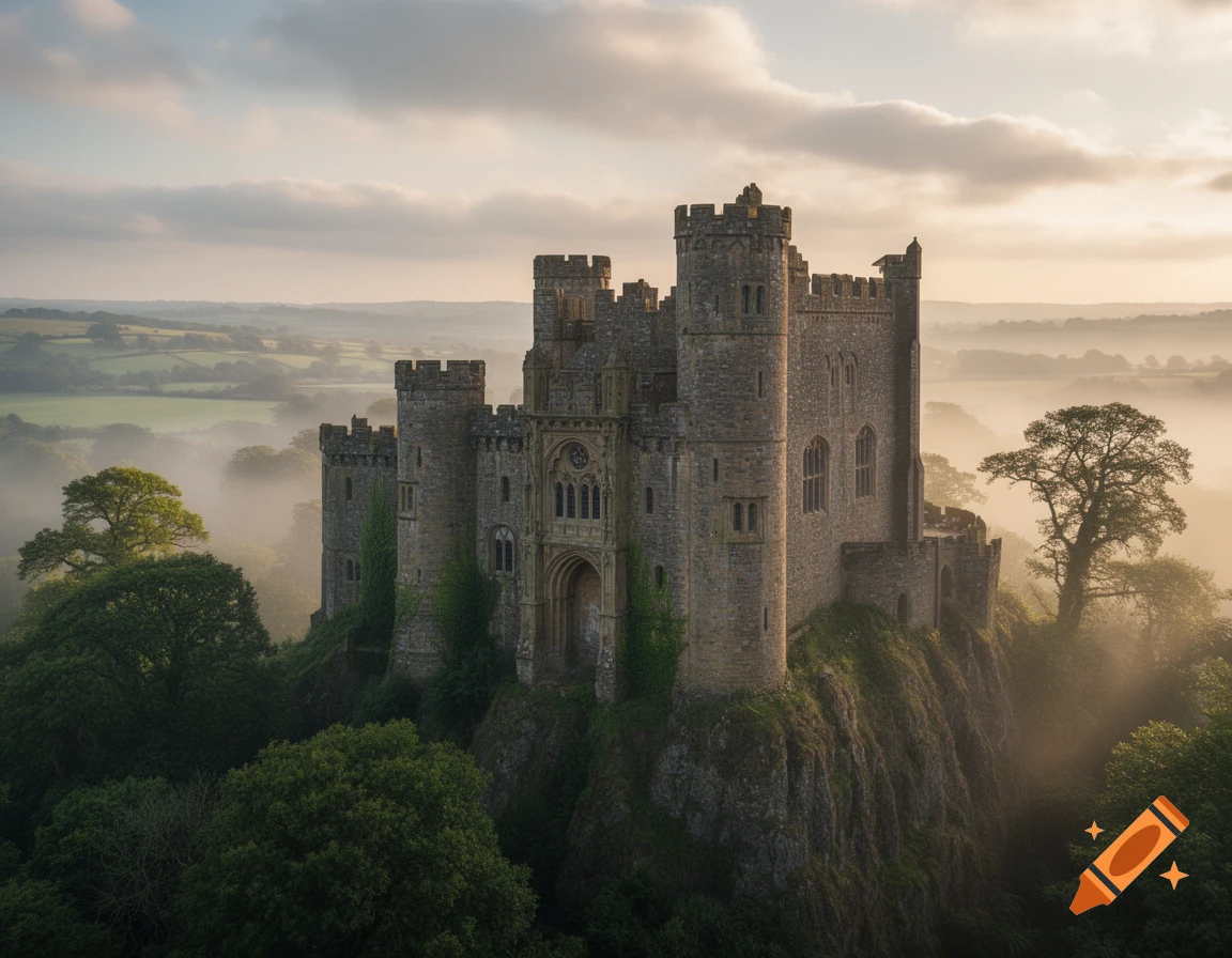 A majestic stone castle with multiple turrets stands on a rocky, tree-covered cliff, surrounded by a misty, hazy landscape under a soft, cloudy sky.