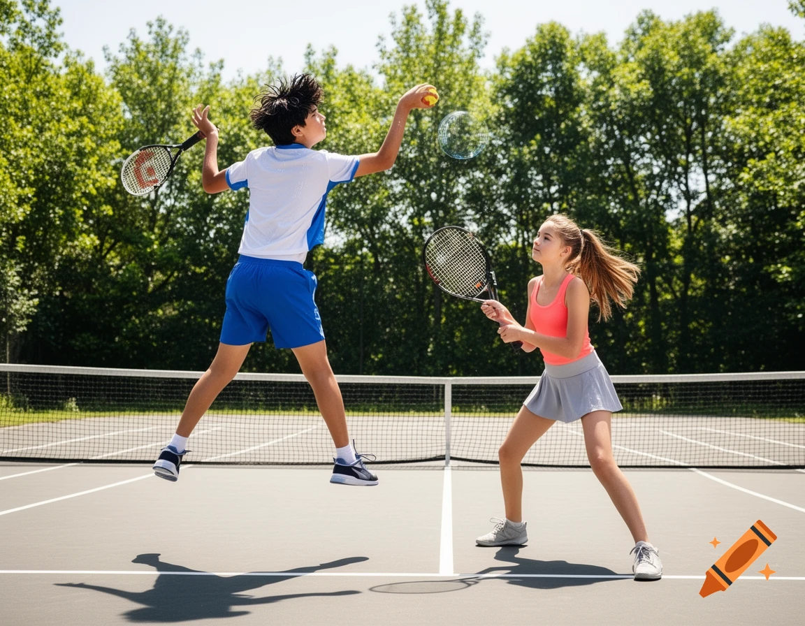 A photorealistic image of two teenagers playing tennis on an outdoor court. A boy jumps to serve while a girl in a skirt and tank top prepares to return the ball.