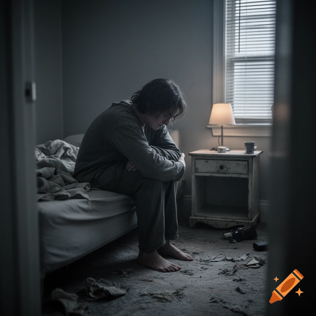 A person with dark hair sits hunched on a bed in a dimly lit, messy room, depicting sadness or depression.