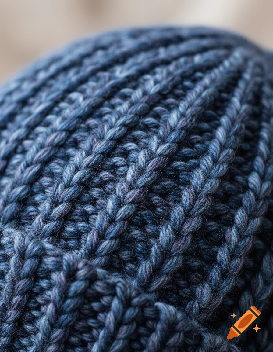 Close-up of a dark blue and purple knitted beanie, showing detailed fabric texture.