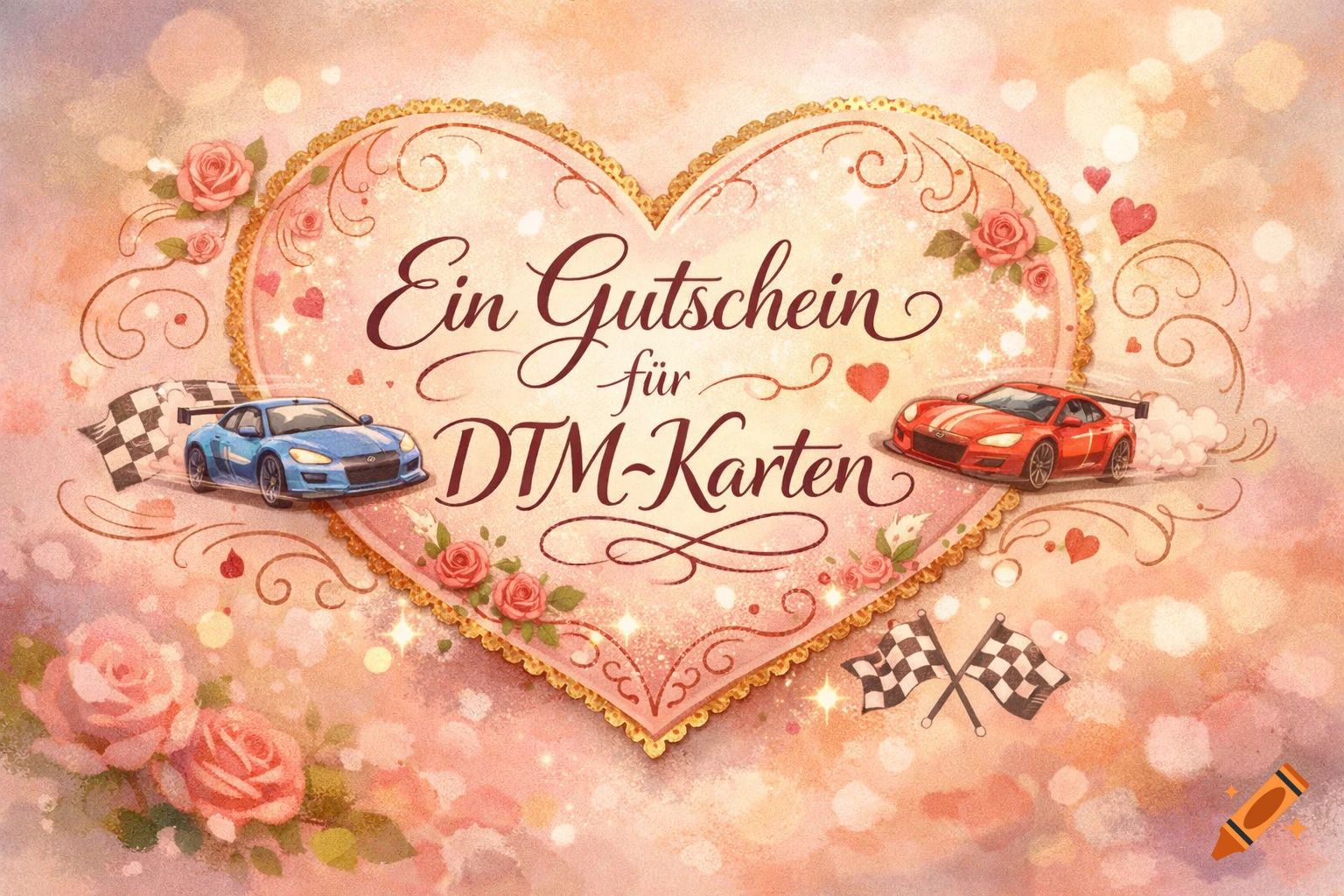 A pink heart-shaped voucher with text 'Ein Gutschein für DTM-Karten', flanked by a blue and red race car, adorned with roses and hearts.