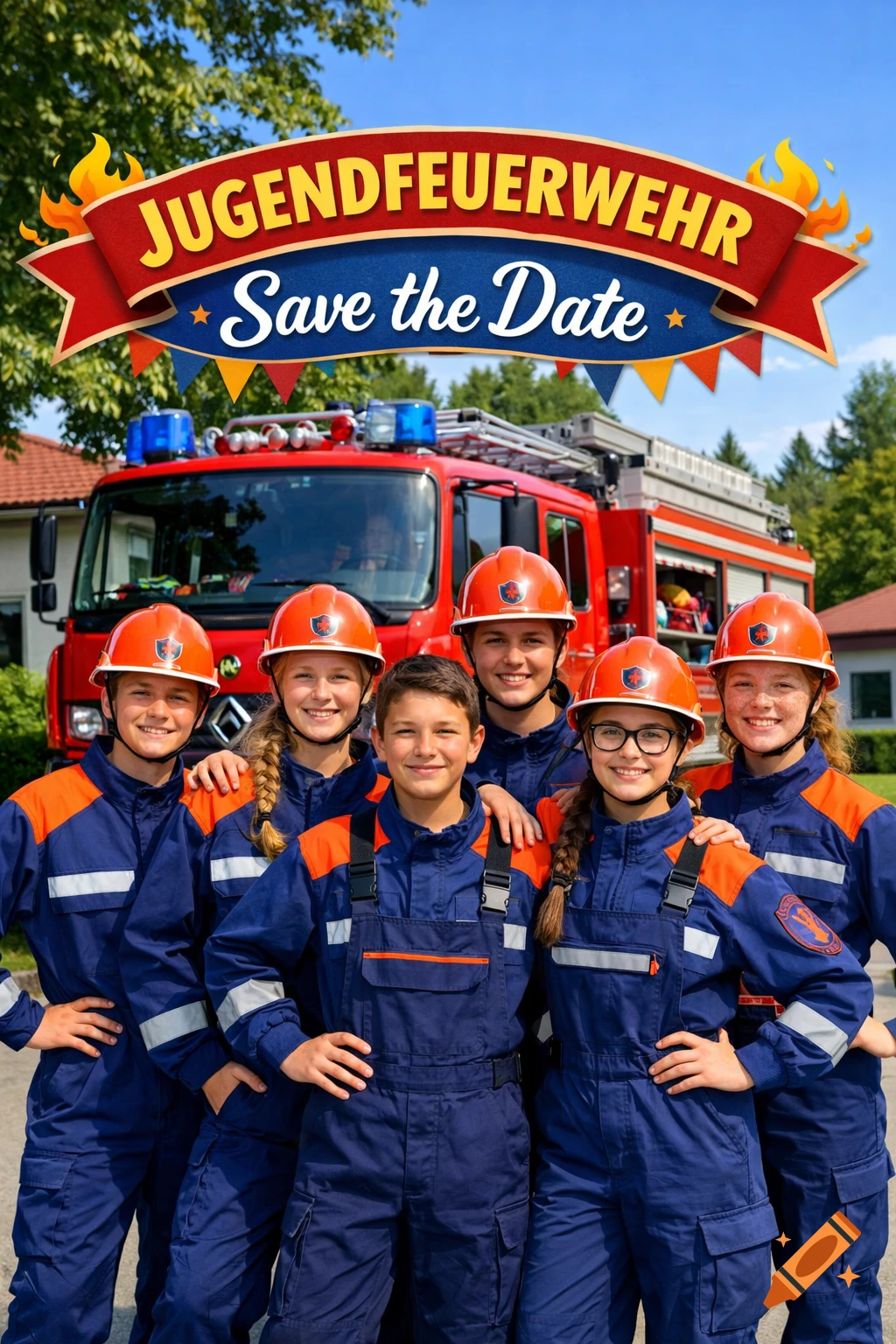 Six smiling children in youth firefighter uniforms and helmets stand in front of a red fire truck. A banner reads "JUGENDFEUERWEHR Save the Date".