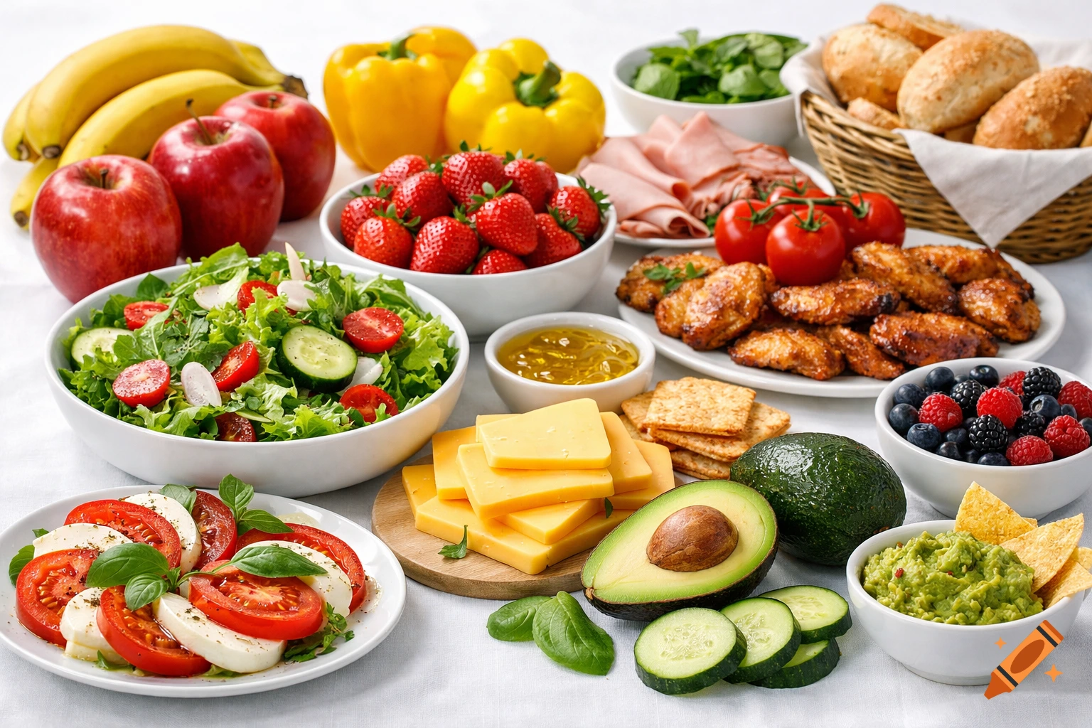 A vibrant spread of various fresh and prepared foods, including fruits, vegetables, cheese, meats, and salads, on a white background.