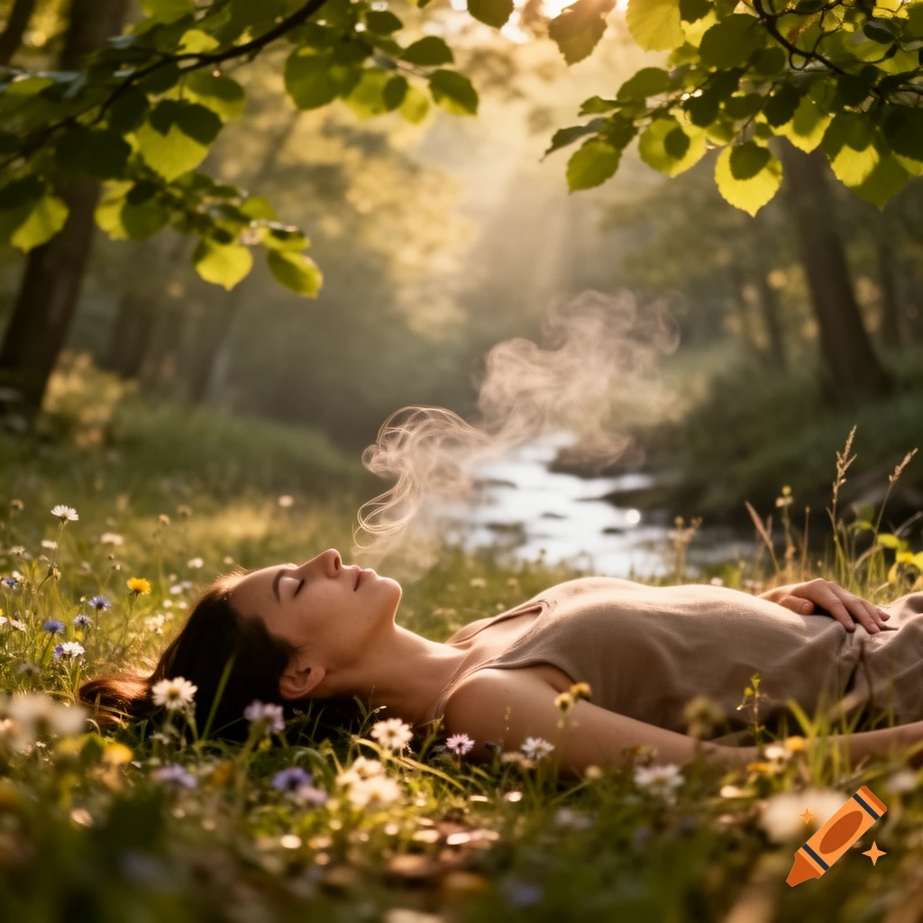 Photorealistic image of a woman with closed eyes lying among wildflowers in a sunny forest, with mist rising from her mouth.