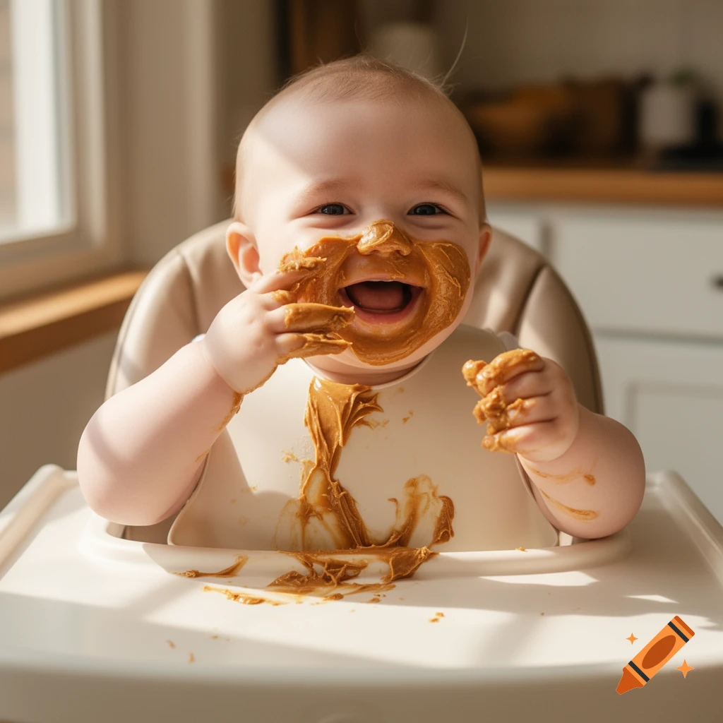 A happy baby sitting in a high chair, laughing with peanut butter smeared all over their face and hands.
