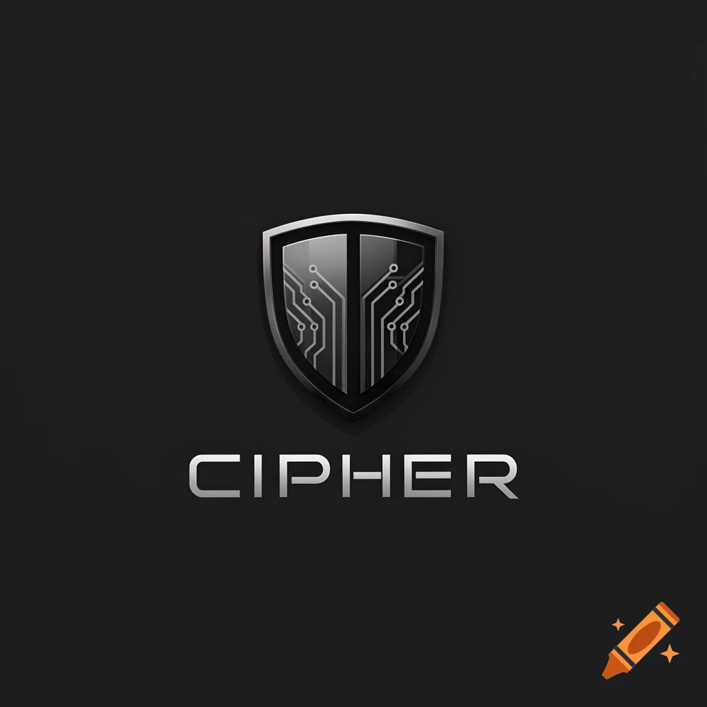 A sleek metallic shield logo with circuit board patterns, text 'CIPHER' below, on a dark background.