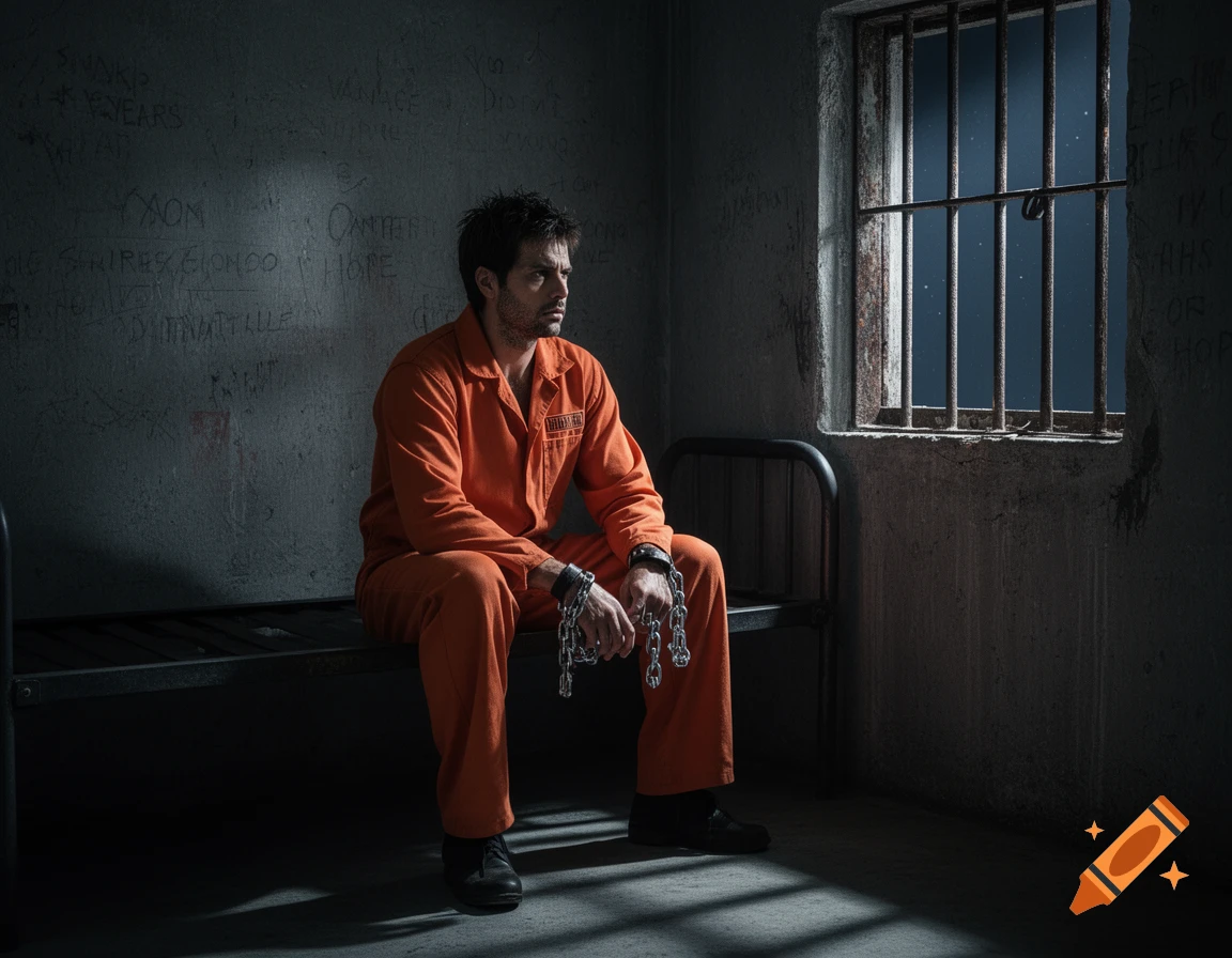 A man in an orange jumpsuit with chains on his wrists sits on a bunk in a dimly lit prison cell, looking out a barred window at a starry night.