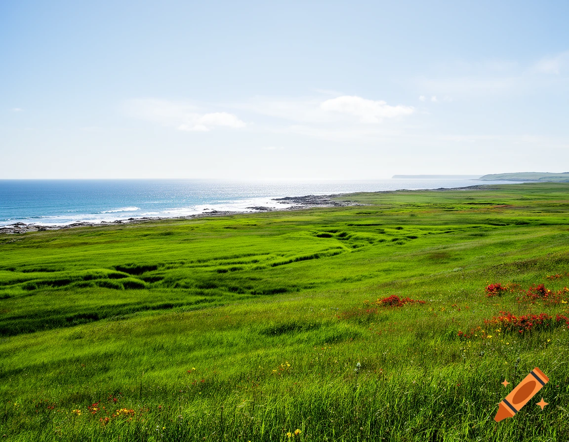 A vast green plain slopes down to meet the blue ocean under a clear sky, with small red and yellow wildflowers.