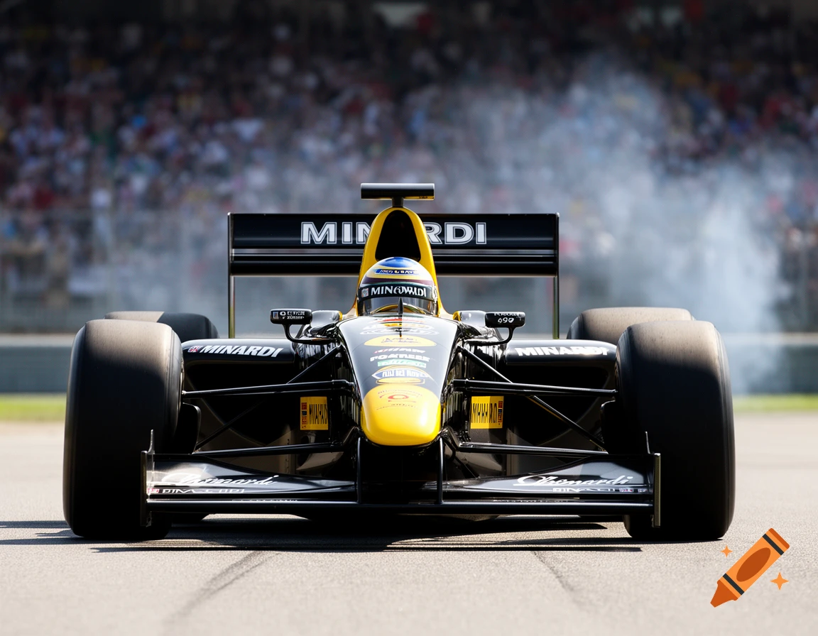 A photorealistic frontal view of a yellow and black Minardi Formula 1 car on a track, with blurred spectators in the background.