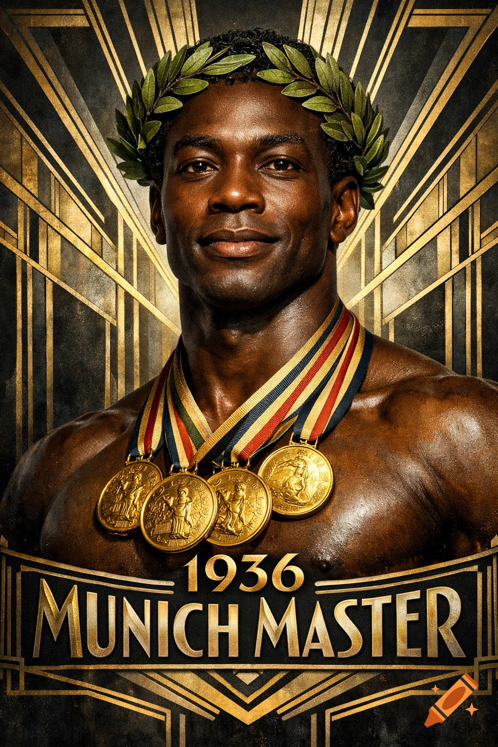 Art Deco portrait of a dark-skinned man with a laurel wreath and four gold medals, text '1936 MUNICH MASTER'.