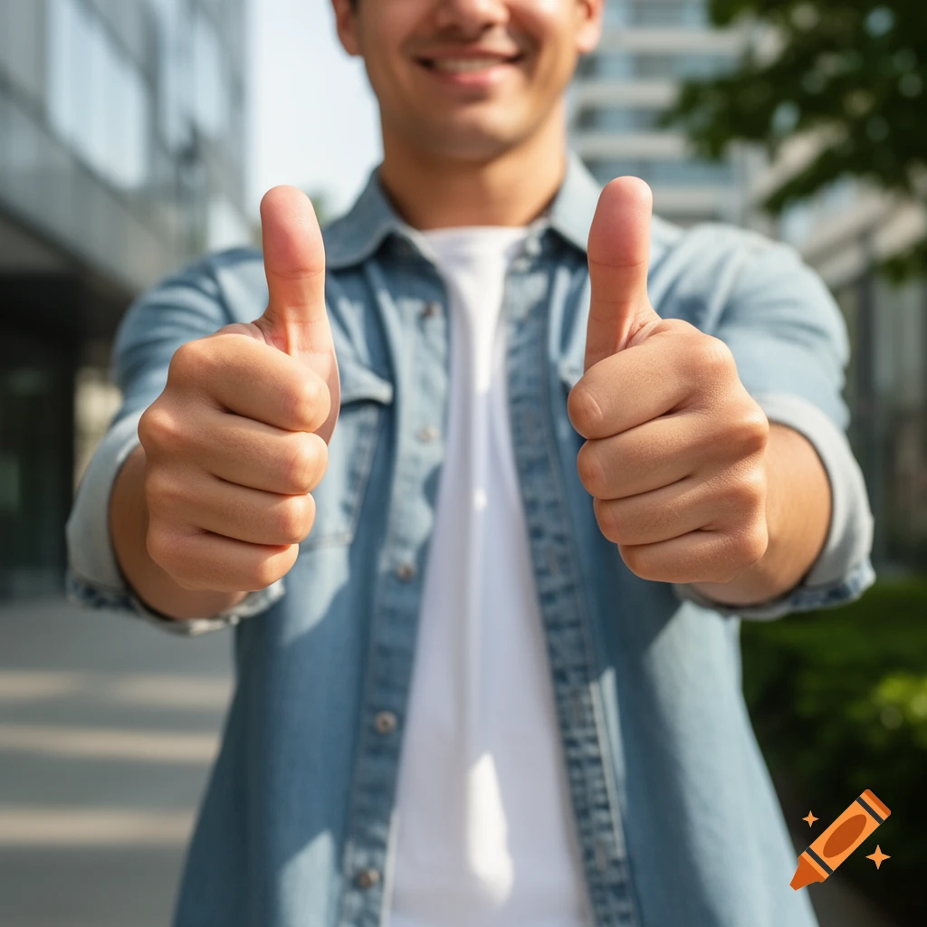 A person in a denim shirt gives a double thumbs up gesture outdoors, smiling brightly.