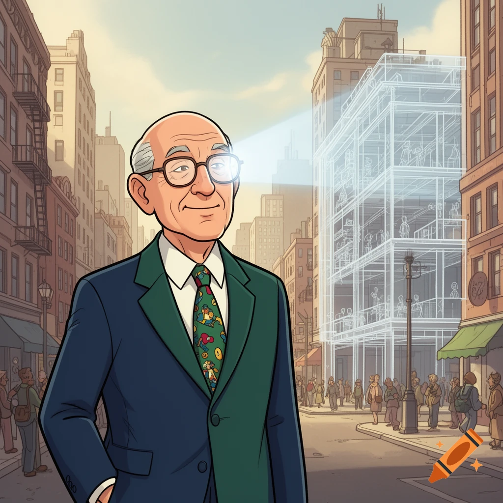 Cartoon of an older gentleman with x-ray vision looking towards a transparent building in a busy city street.