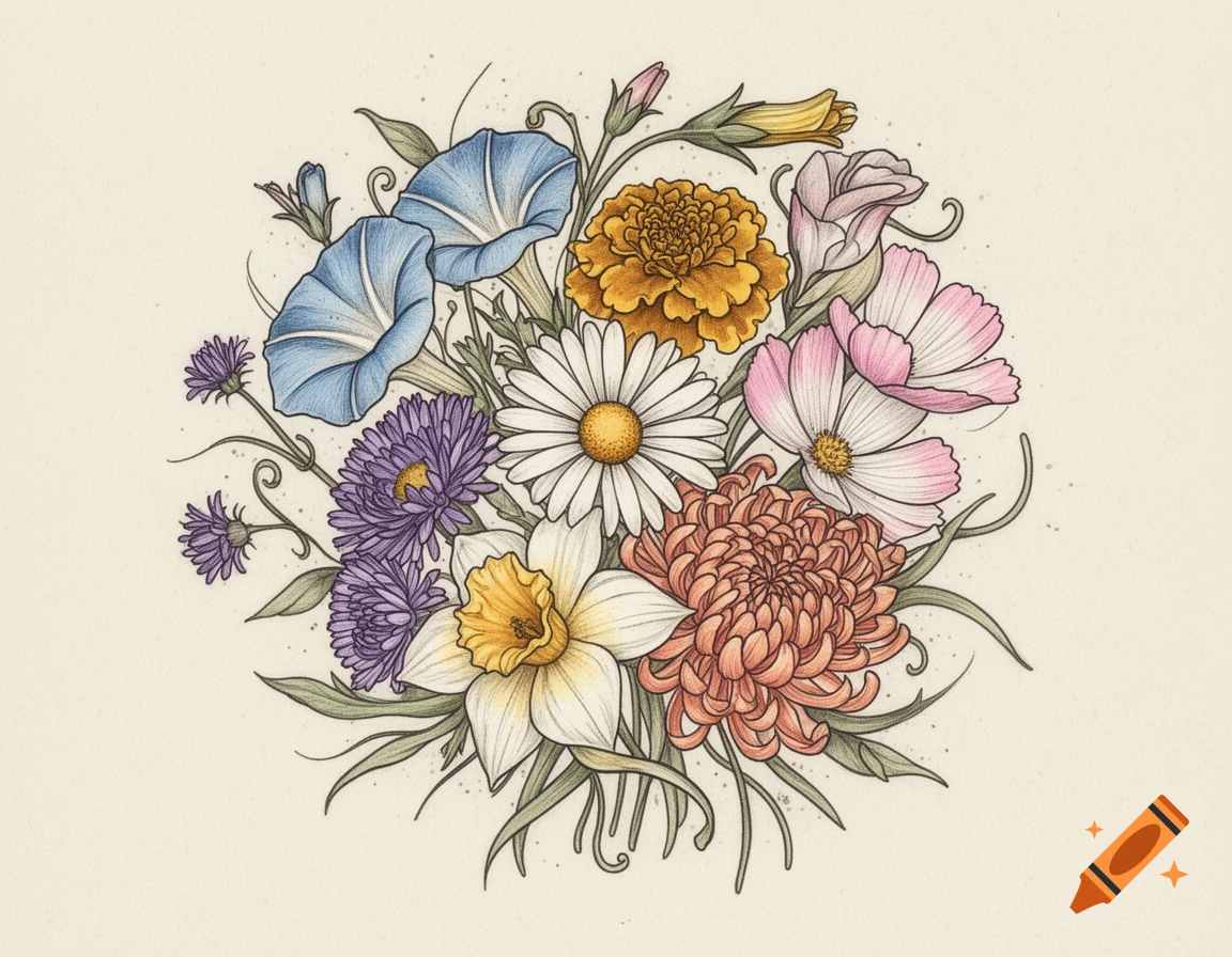 Detailed colored pencil drawing of a vibrant bouquet with morning glories, marigolds, daisies, asters, cosmos, chrysanthemum, and narcissus.