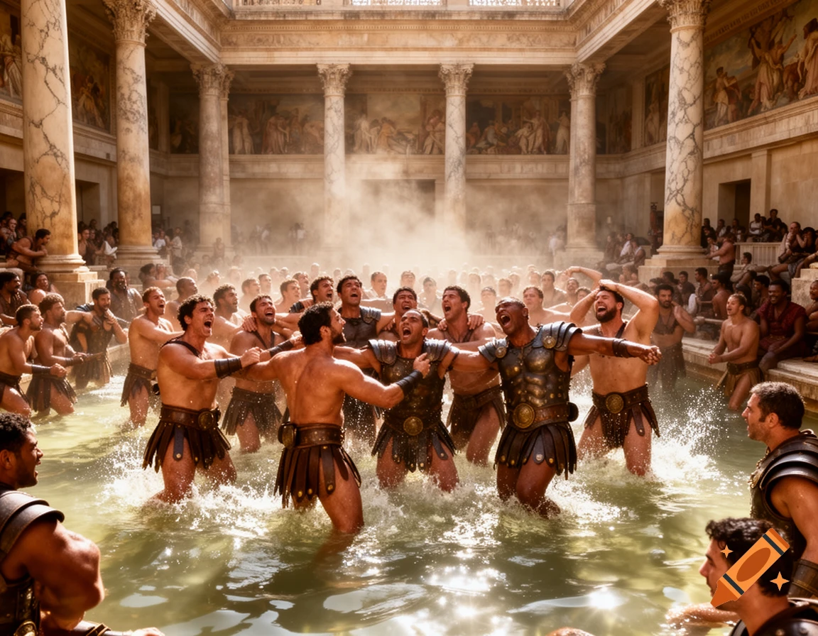 A crowd of muscular gladiators in a grand Roman bath, cheering and splashing in the water amidst ornate columns and murals.