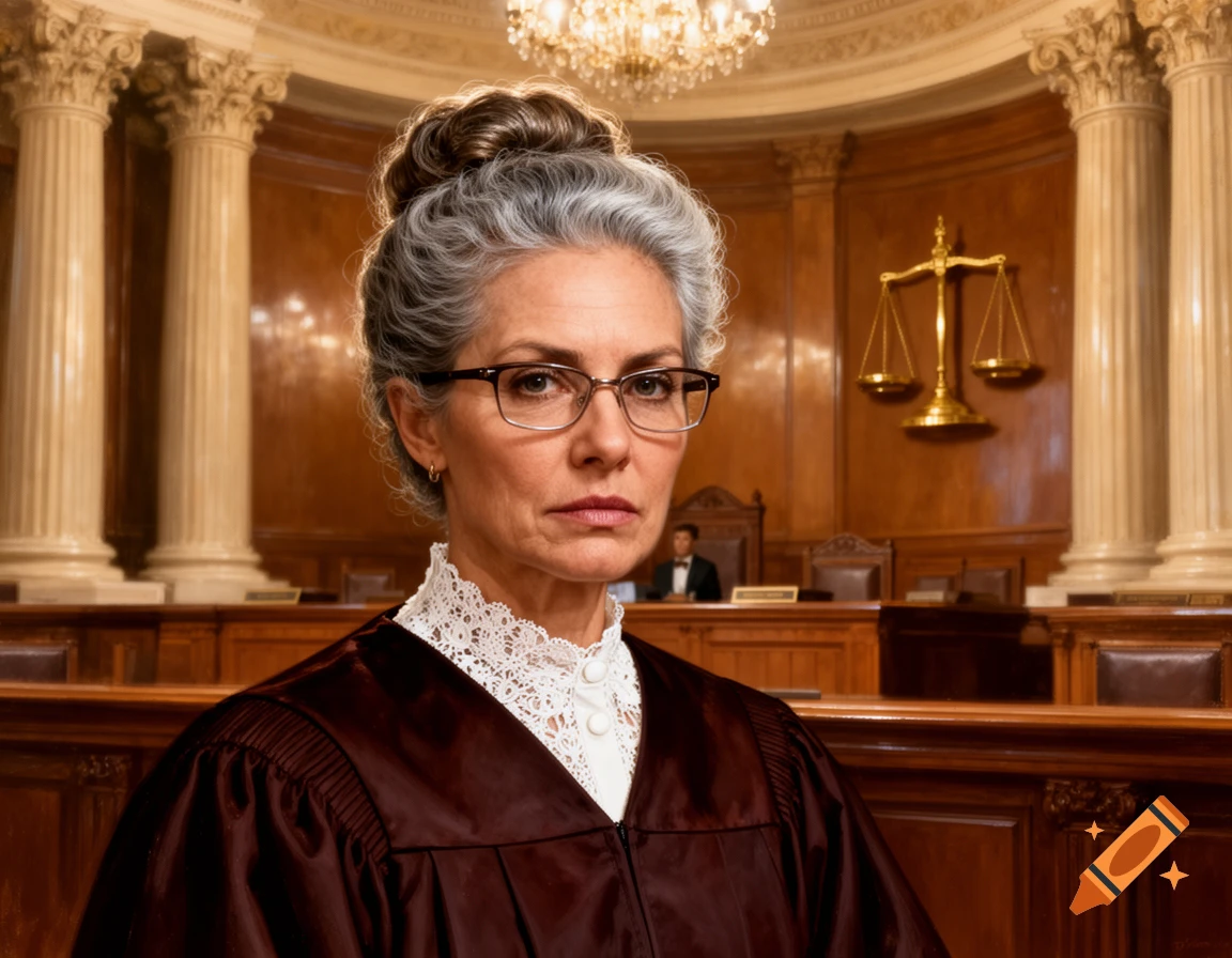 A photorealistic portrait of an older female judge with gray hair and glasses in a courtroom.
