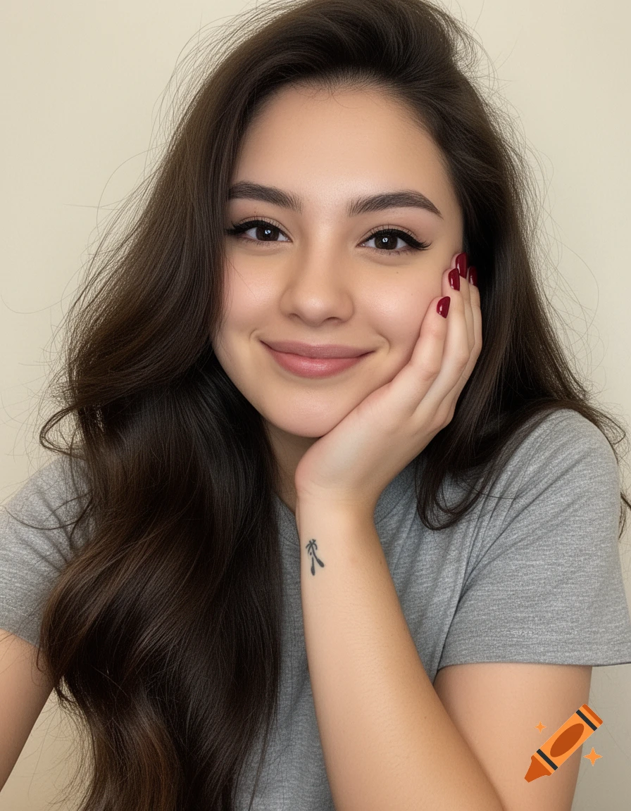Close-up portrait of a smiling young woman with long dark hair, red nails, and a small wrist tattoo, wearing a grey t-shirt.