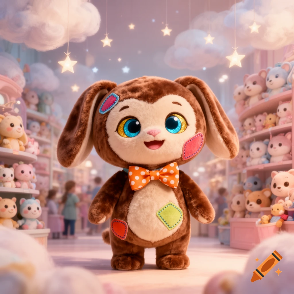 A brown plushie character with big blue eyes and an orange bow tie stands in a whimsical toy store with shelves of other plushies.