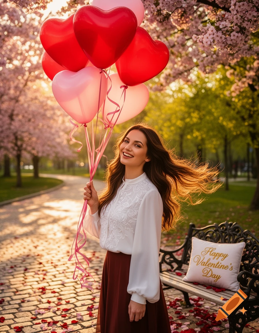 Smiling woman holding red and pink heart balloons in a sunlit park with cherry blossoms and rose petals, a pillow on a bench reads 'Happy Valentine's Day'.