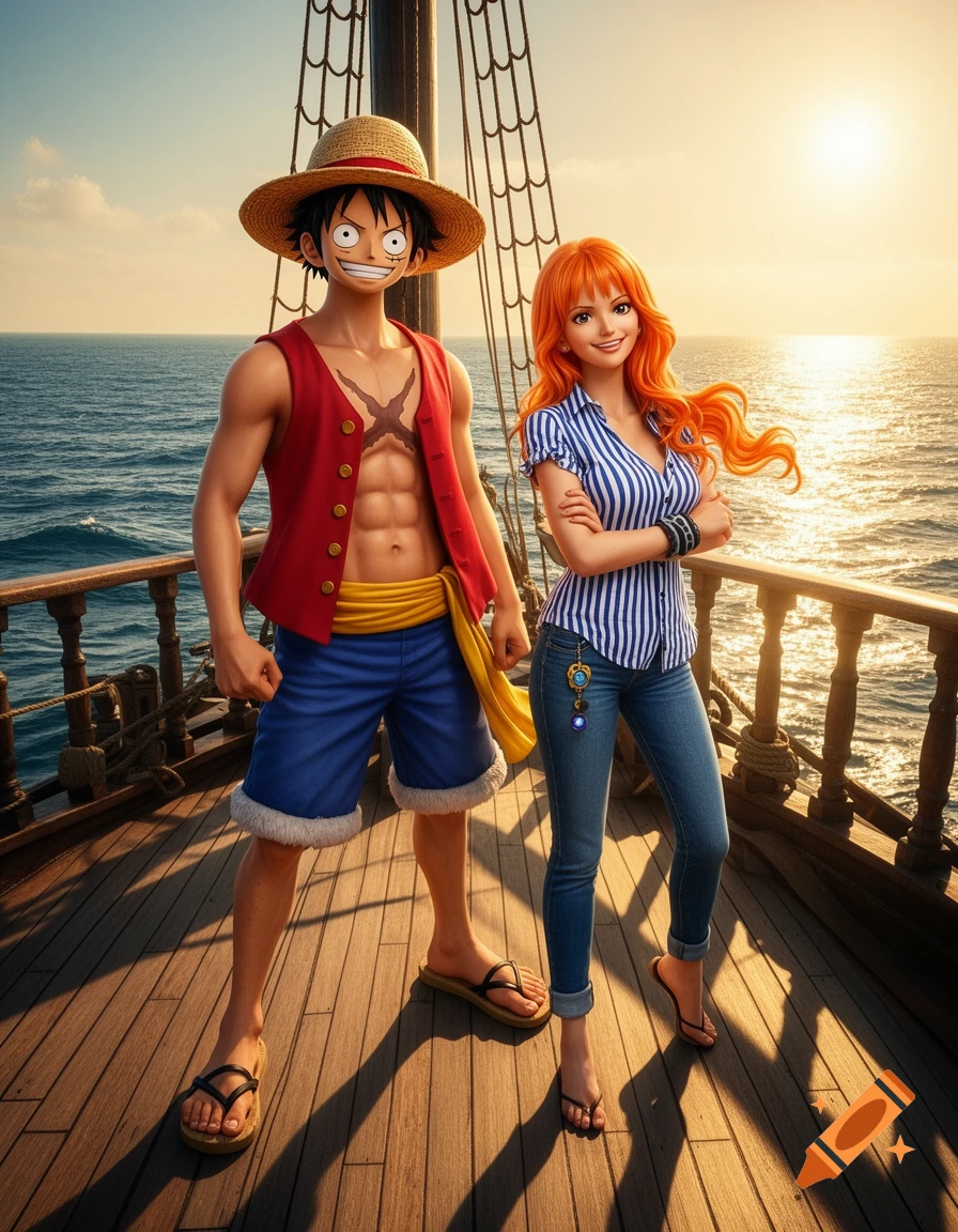 Two anime characters, Luffy and Nami, stand on a pirate ship deck at sunset over the ocean.