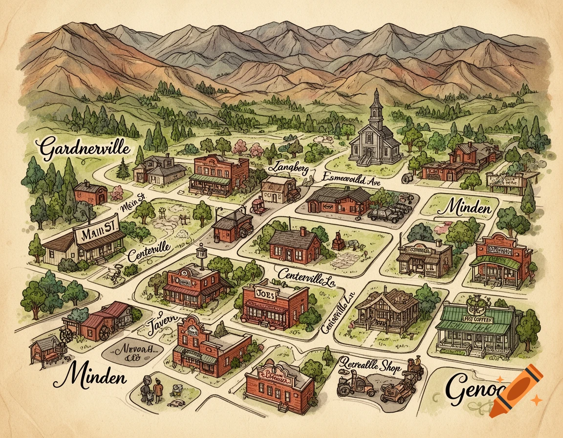 A hand-drawn, illustrated map of the towns of Gardnerville, Minden, and Genoa, featuring streets, buildings, and mountains.