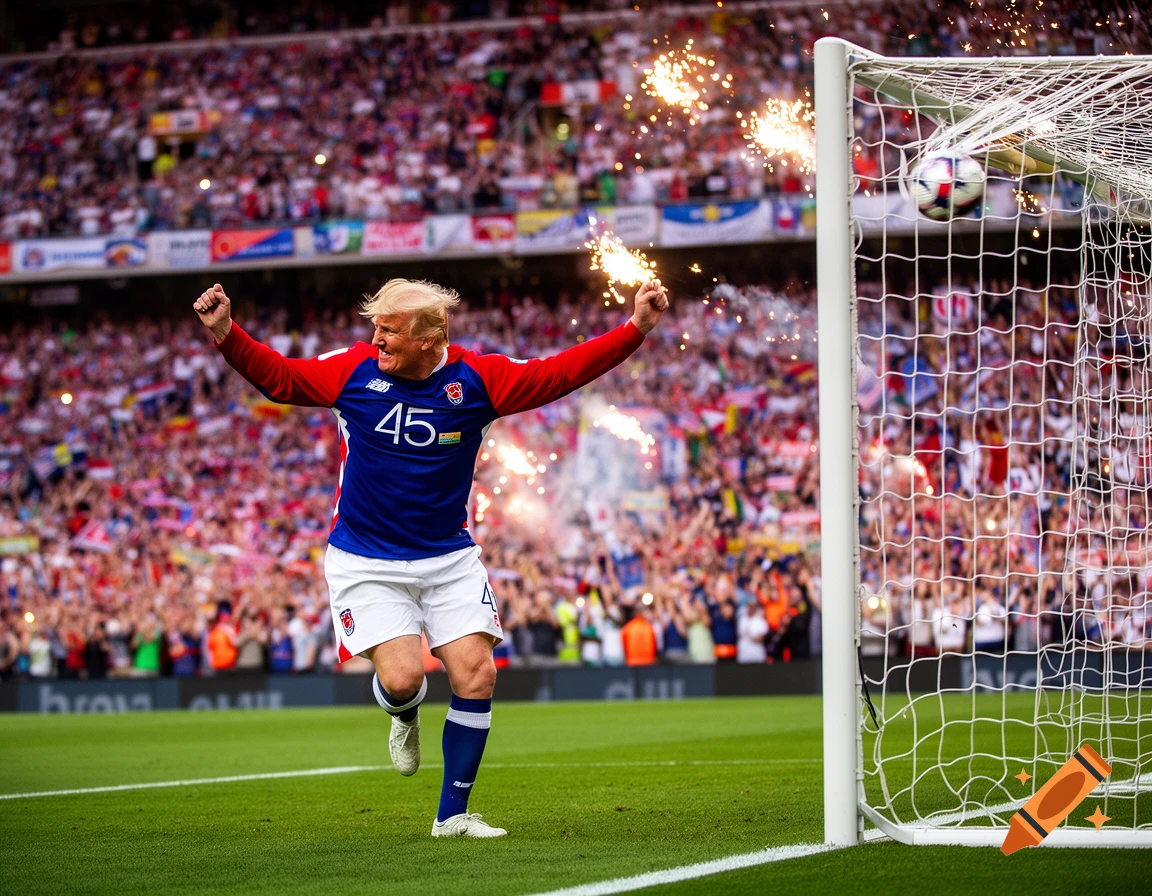 Donald Trump in a red and blue soccer jersey with '45' celebrates scoring a goal in a packed stadium with sparklers.