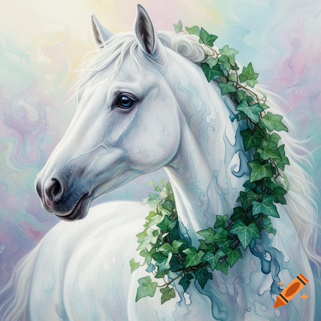 Close-up of a white horse with a green ivy garland, rendered in a fluid art style with a colorful, ethereal background.