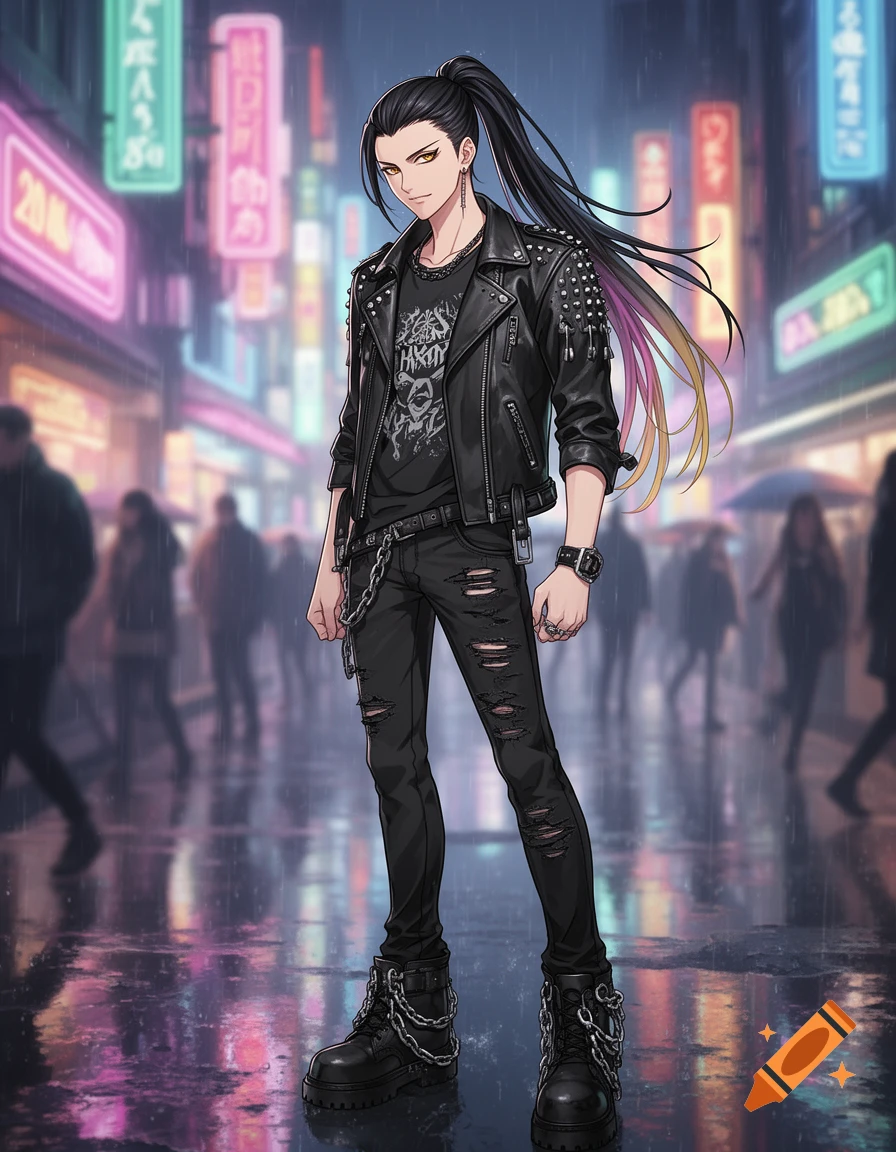 An anime male with long black hair in a ponytail and golden eyes, dressed in punk fashion including a studded leather jacket, ripped jeans, and boots, stands on a rainy city street with blurred neon signs in the background.