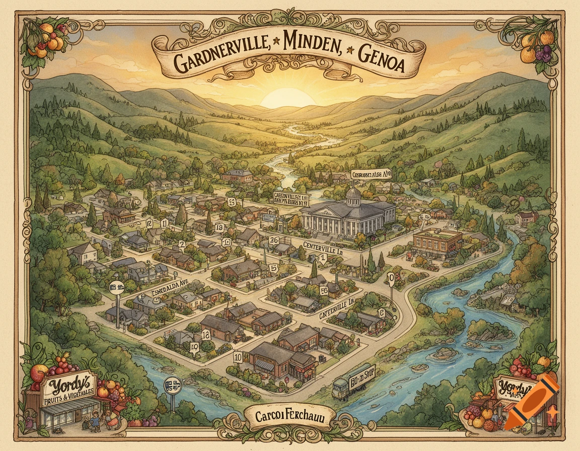 An illustrated map in a rustic, whimsical style, depicting a valley town with mountains in the background and a river winding through it. Labels identify "Gardnerville, Minden, Genoa" along with street and business names.