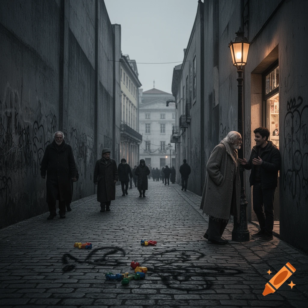 A narrow, dark cobblestone alleyway in a city, with people walking and two men conversing under a lit gas lamp. Graffiti covers the walls, and colorful toy blocks are scattered on the ground.