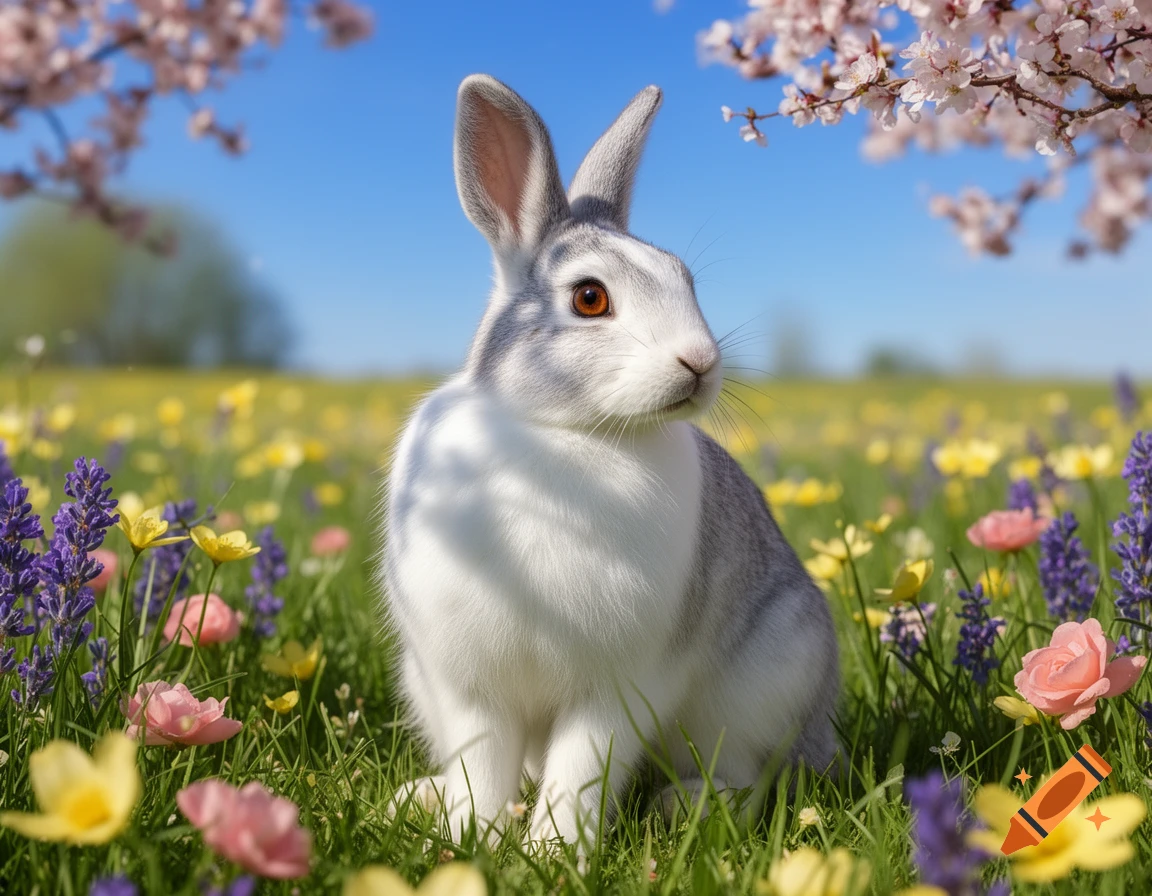 A photorealistic white and grey rabbit sits in a field of colorful ...