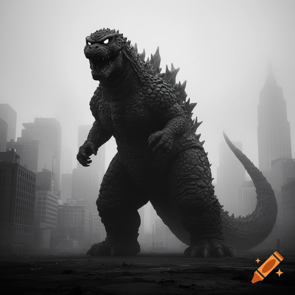 A massive, scaly Godzilla with glowing white eyes stands roaring in a misty, ruined black and white cityscape.